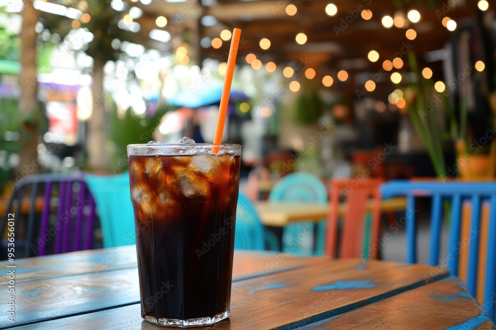 A refreshing glass of iced coffee on a wooden table in a vibrant outdoor setting. A refreshing glass of iced coffee on a wooden table in a vibrant outdoor setting.