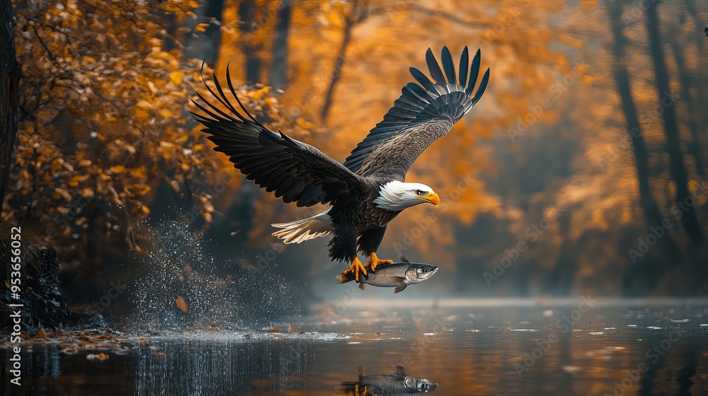 Fototapeta premium A flying eagle catches fish from the lake and that view