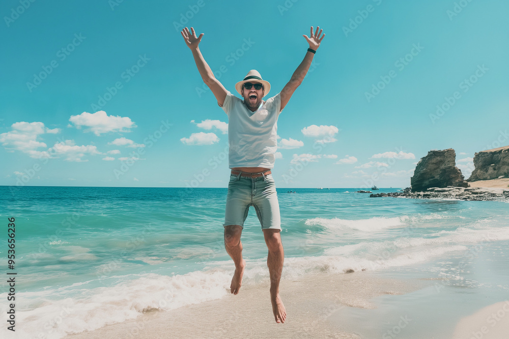 Happy tourist enjoying life on the beach, Summertime holidays concept. Happy tourist enjoying life on the beach, Summertime holidays concept.