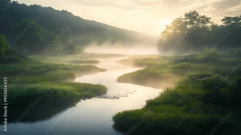 Misty Sunrise Over Serene River in Lush Valley Misty Sunrise Over Serene River in Lush Valley