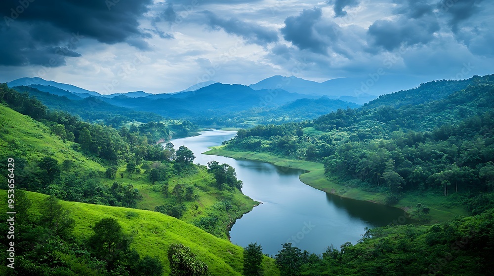 Serene River Flowing Through Lush Green Hills Serene River Flowing Through Lush Green Hills