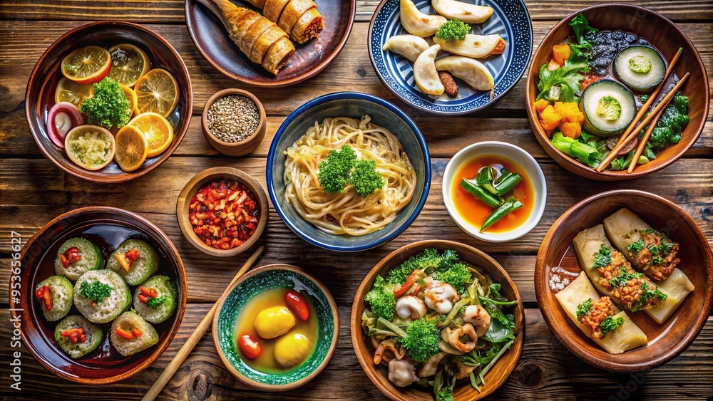 Top view of a variety of Asian dishes, including ramen, dumplings, and sushi, arranged in colorful ceramic bowls on a wooden table Top view of a variety of Asian dishes, including ramen, dumplings, and sushi, arranged in colorful ceramic bowls on a wooden table