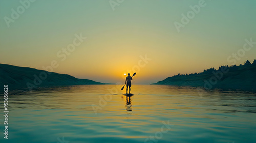 A lone paddleboarder enjoys the sunset over a still lake. photo