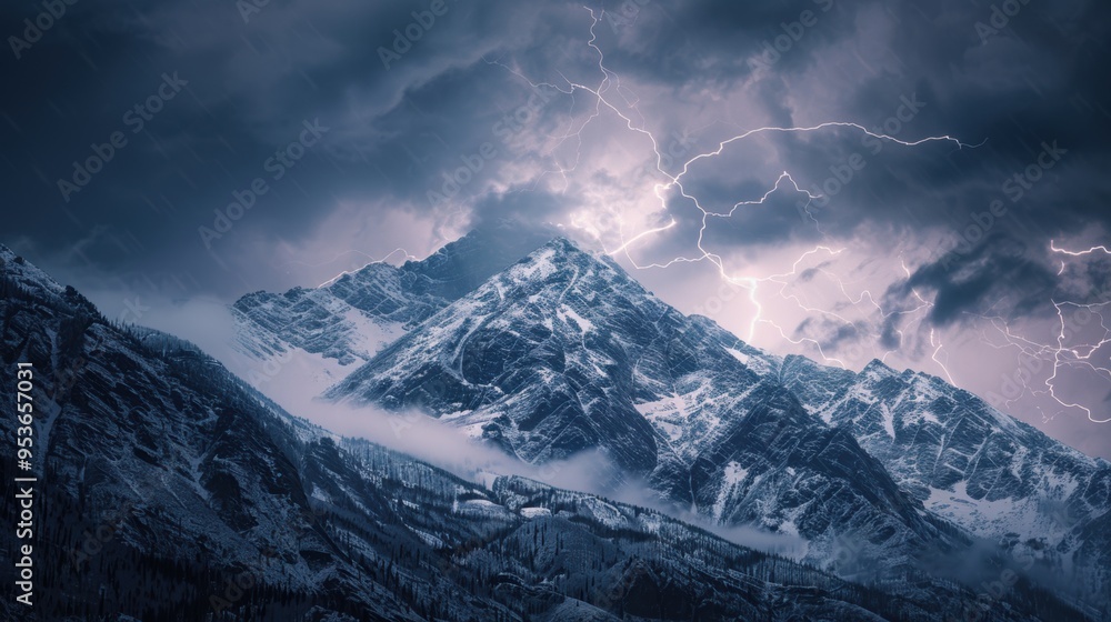 A large snow-covered mountain and a cloudy sky, with lightning appearing all over the sky. A large snow-covered mountain and a cloudy sky, with lightning appearing all over the sky.