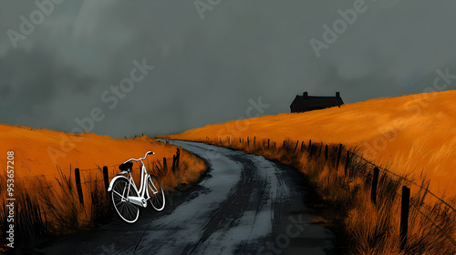 A lone white bicycle sits o...
