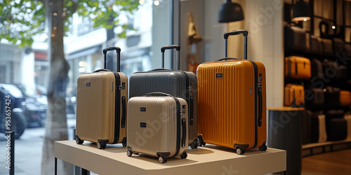 Luggage collection displayed in luxury travel store. Concept of vacation preparation and travel.