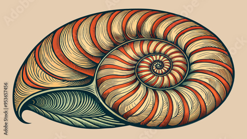 Nautilus Shell Tattoo with Spiral Design in Earth Tones on Beige Background