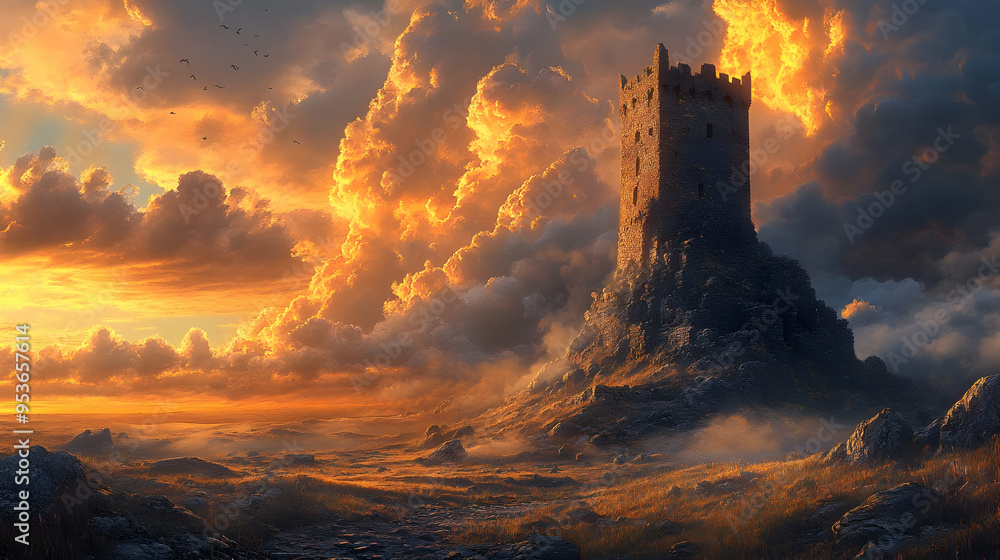 Obraz premium A lonely tower stands on a rocky hilltop, silhouetted against a fiery sunset sky.