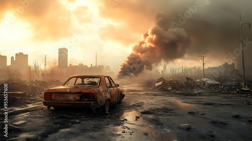 A lone, rusty car sits in t...