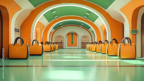 A long corridor with orange...