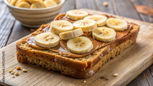 Almond butter spread on whole grain bread, topped with banana slices, brain-boosting snack, healthy and satisfying. photo