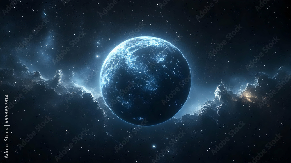 A luminous blue planet in a vast and starry cosmic expanse. A luminous blue planet in a vast and starry cosmic expanse.