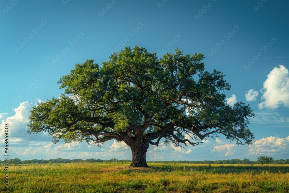 Large tree that is standing in the middle of a field, nature background Large tree that is standing in the middle of a field, nature background