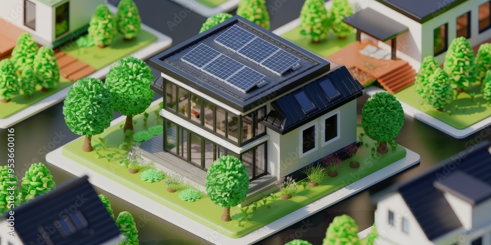 Sustainable urban home in a green environment, 3D isometric view with space for text Sustainable urban home in a green environment, 3D isometric view with space for text