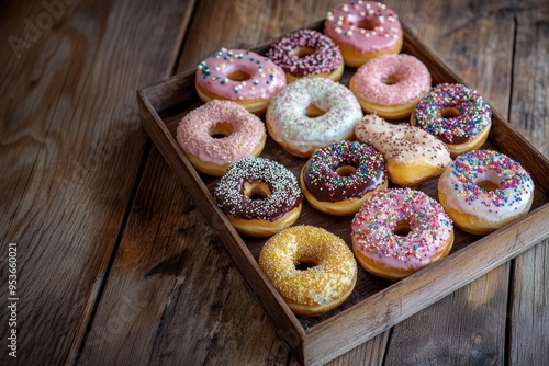 Donuts of all kinds in a carton, collection lined up on a wood counter photo