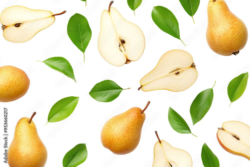 Pattern of whole and sliced pears scattered with green leaves in isolated, transparent background Pattern of whole and sliced pears scattered with green leaves in isolated, transparent background