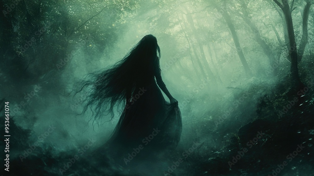 Mystical shot of a long-haired woman in a flowing gown, walking through a misty forest, her hair blending with the ethereal environment. Mystical shot of a long-haired woman in a flowing gown, walking through a misty forest, her hair blending with the ethereal environment.