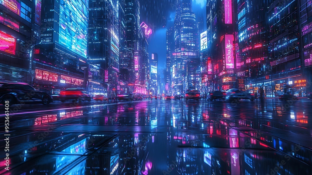 A breathtaking view of a futuristic city bathed in neon lights, with high-tech buildings, floating holograms, and streets illuminated in vivid colors A breathtaking view of a futuristic city bathed in neon lights, with high-tech buildings, floating holograms, and streets illuminated in vivid colors