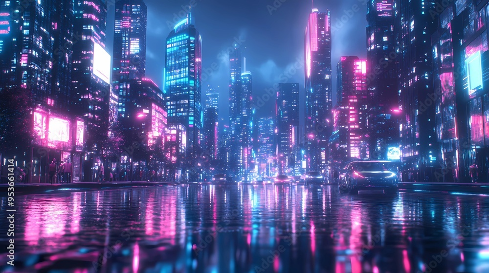 A breathtaking view of a futuristic city bathed in neon lights, with high-tech buildings, floating holograms, and streets illuminated in vivid colors A breathtaking view of a futuristic city bathed in neon lights, with high-tech buildings, floating holograms, and streets illuminated in vivid colors