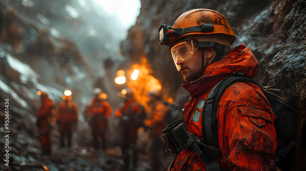 A man in a red jacket and safety gear looks toward a group of people in a dimly lit cave. A man in a red jacket and safety gear looks toward a group of people in a dimly lit cave.