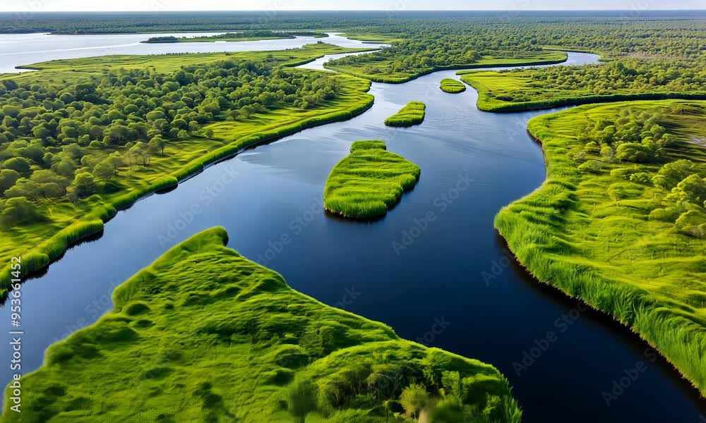 A winding river cuts through lush green landscape from above A winding river cuts through lush green landscape from above