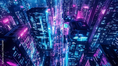 A breathtaking view of a futuristic city bathed in neon lights, with high-tech buildings, floating holograms, and streets illuminated in vivid colors