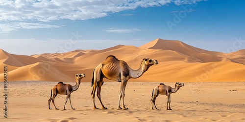 A mother camel with her two young calves stand on the edge of a desert landscape, looking out at the vast expanse of dunes. photo