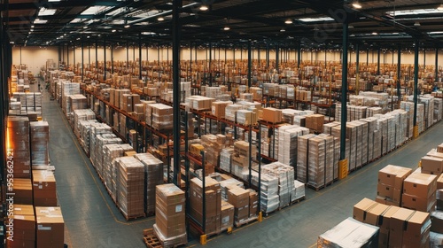 Panoramic view of a busy logistics warehouse with extensive stored inventory, including boxes and pallets, reflecting a well-organized storage system.