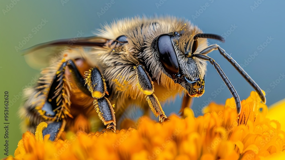 A close-up of a bee gathering pollen from a bright yellow flower. A close-up of a bee gathering pollen from a bright yellow flower.