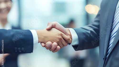 Two businessmen in suits shaking hands signifying successful deal closure in corporate office or professional setting