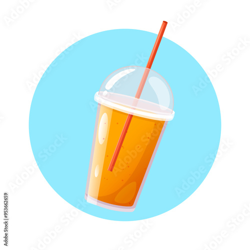 Vector illustration of ice summer drink in takeway plastic cup with straw.
