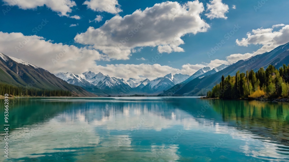 Kanas Lake, Xinjiang A serene alpine lake with iridescent turquoise water, surrounded by dense, emerald green forests and snow-covered mountain peaks adorned with towering granite spires. Kanas Lake, Xinjiang A serene alpine lake with iridescent turquoise water, surrounded by dense, emerald green forests and snow-covered mountain peaks adorned with towering granite spires.