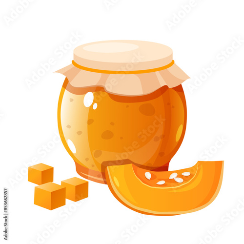 Glass jar of pumpkin jam with slice and cubes of pumpkin near isolated on white background.
