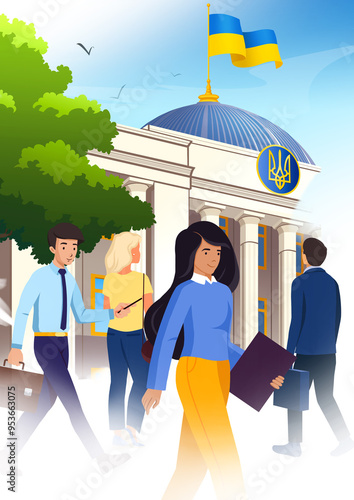 Illustration of group of people walking in front of a government building Verkhovna Rada of Ukraine, Kyiv. photo