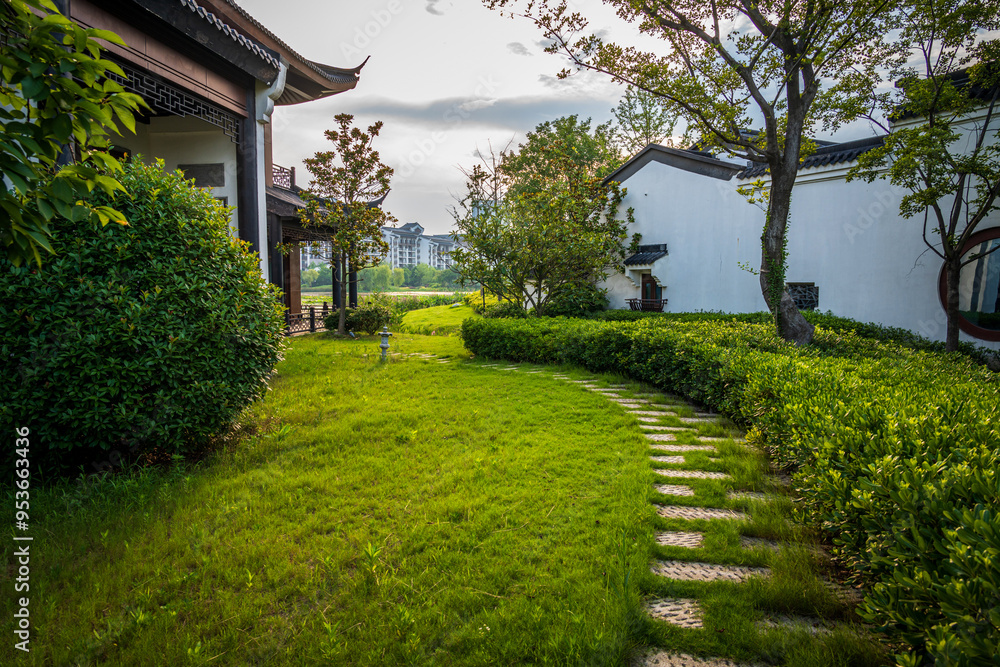 Fototapeta premium Serene Garden Pathway in Residential Area
