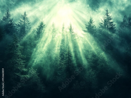 Sunbeams Filtering Through Misty Forest Canopy Creating A Mystical Atmosphere