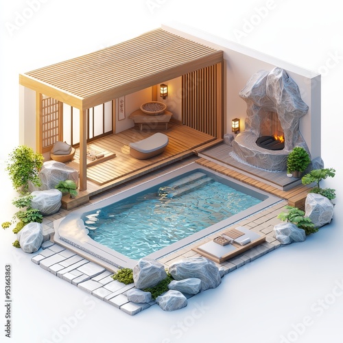 Isometric Illustration of 3d Onsen and spa interior