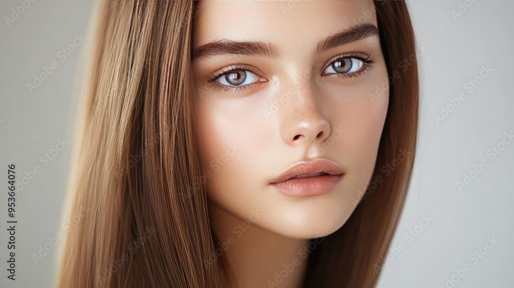 Portrait of a model with straight brown hair, emphasizing the smoothness and glossiness after keratin treatment, with soft makeup. Portrait of a model with straight brown hair, emphasizing the smoothness and glossiness after keratin treatment, with soft makeup.