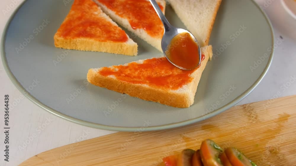 Woman smearing toasts bread with tomato sauce cooking hot sandwiches on kitchen at home. Preparing delicious snack fast food for herself. Tasty fresh meal for fast eating. Woman smearing toasts bread with tomato sauce cooking hot sandwiches on kitchen at home. Preparing delicious snack fast food for herself. Tasty fresh meal for fast eating.