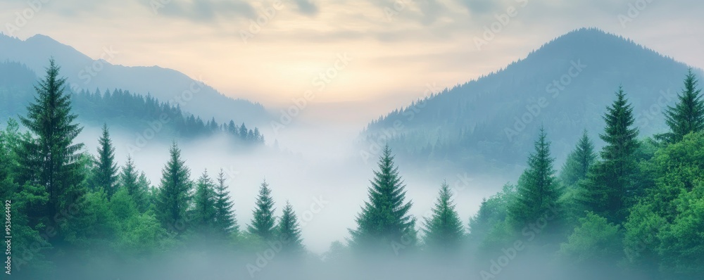 Obraz premium misty mountain forest with pine tree landscape