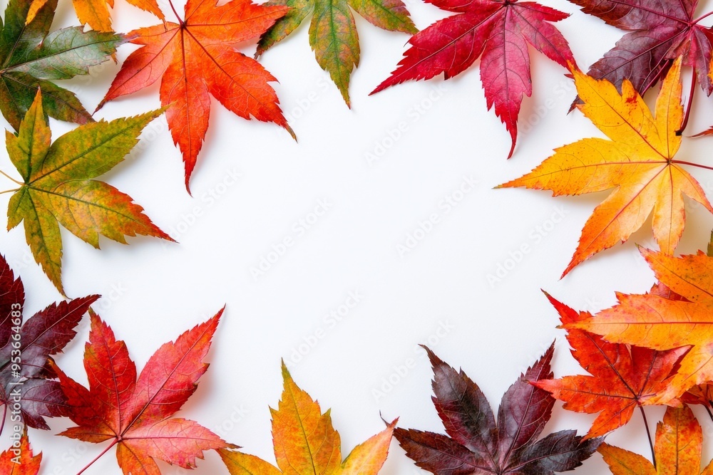 Fototapeta premium Autumn Maple Leaves Flat Lay White Background created with Generative AI