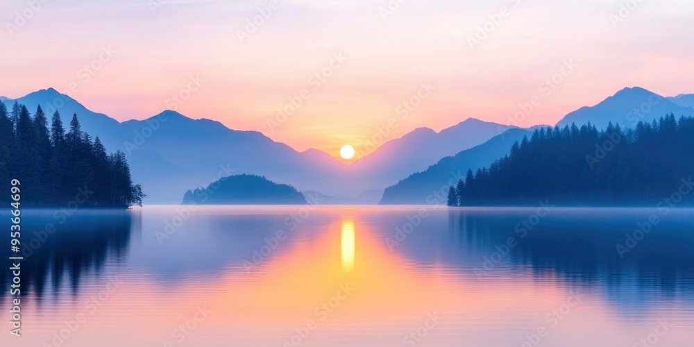 Fototapeta premium beautiful sunset over lake and mountains on background