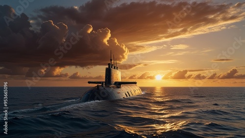 Fototapeta Naklejka Na Ścianę i Meble -  Military submarine is patrolling the ocean at sunset