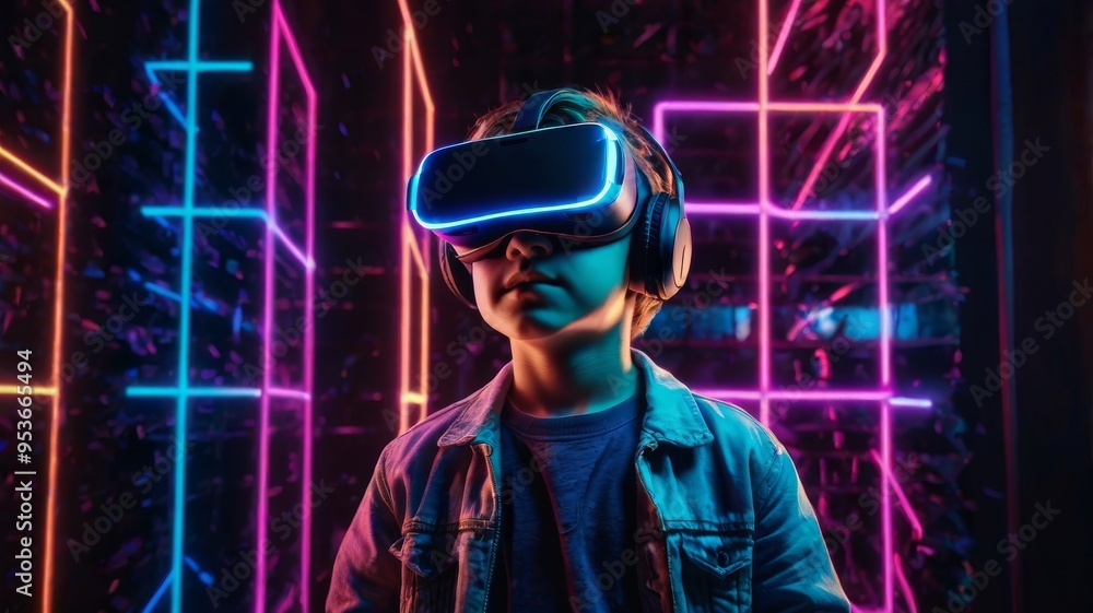 Young boy wearing vr headset exploring virtual reality in neon light