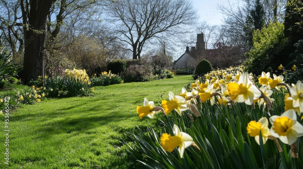 Obraz premium Garden view, Daffodils abound.