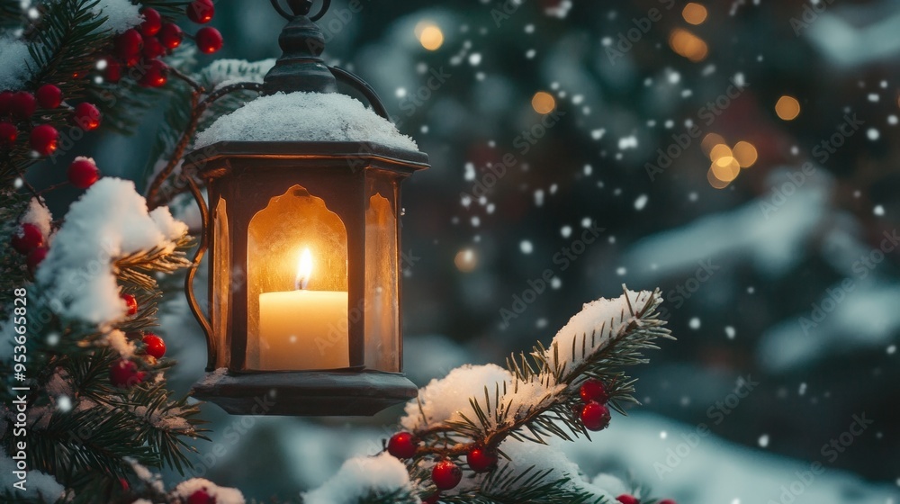 A glowing lantern with a lit candle nestled among snow-covered pine branches and red berries, with a soft bokeh background and falling snowflakes A glowing lantern with a lit candle nestled among snow-covered pine branches and red berries, with a soft bokeh background and falling snowflakes