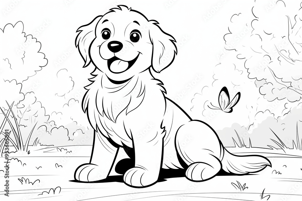 Obraz premium Puppy playing with butterfly line drawing, kids coloring pages, outline coloring pages illustrations