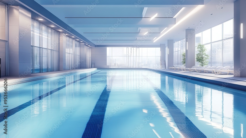 Olympic Swimming Pool in a Studio: A Detailed View of a Professional Olympic-Size Swimming Pool Located Within a Studio Environment, Featuring Clear Water, Lane Markers, and Poolside Equipment. Olympic Swimming Pool in a Studio: A Detailed View of a Professional Olympic-Size Swimming Pool Located Within a Studio Environment, Featuring Clear Water, Lane Markers, and Poolside Equipment.