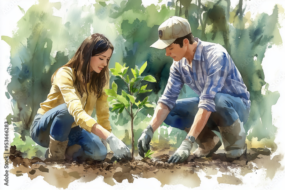 Watercolor paintings of women and men helping to plant trees in the forest. Watercolor paintings of women and men helping to plant trees in the forest.