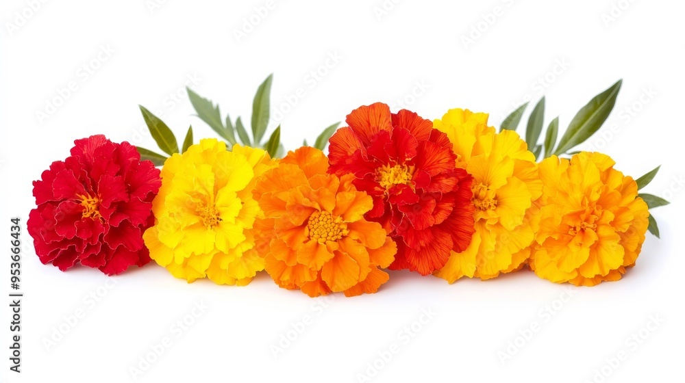 Obraz premium Marigolds, a kaleidoscope of colors, shine on white.